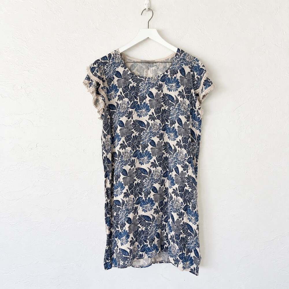 Luisa Perla Blue Floral Linen Blend Crochet Lace Flutter Sleeve Dress L Italy